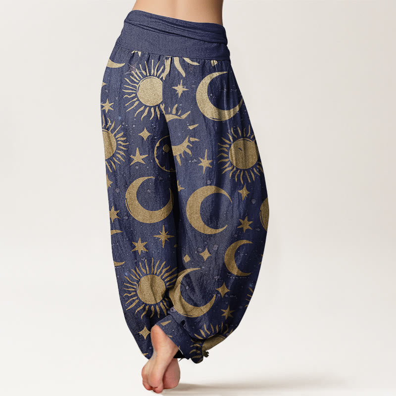 Pure Cotton Crescent Moon Sun Stars Pattern Design Women's Elastic Waist Harem Pants