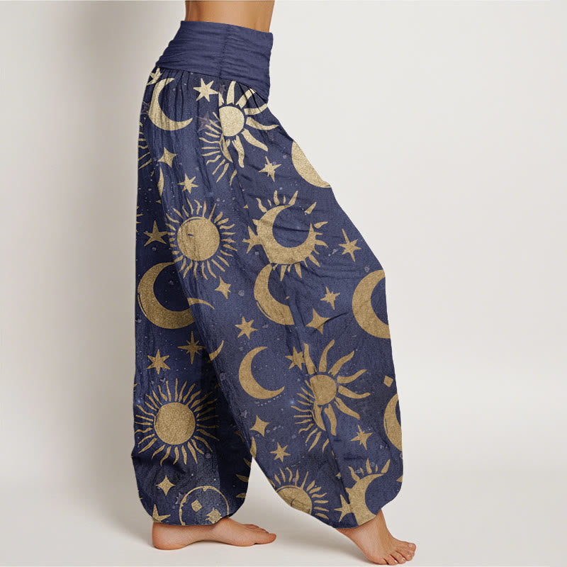Pure Cotton Crescent Moon Sun Stars Pattern Design Women's Elastic Waist Harem Pants