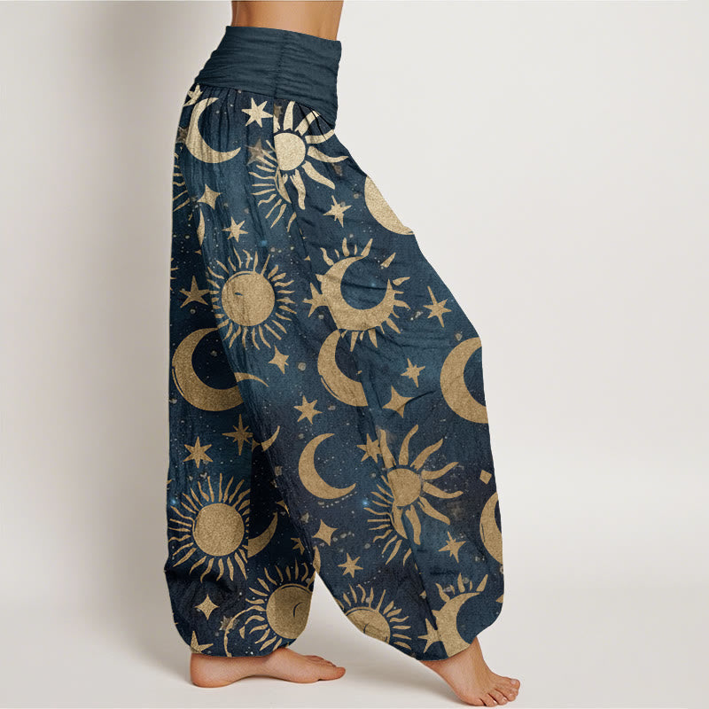 Pure Cotton Crescent Moon Sun Stars Pattern Design Women's Elastic Waist Harem Pants