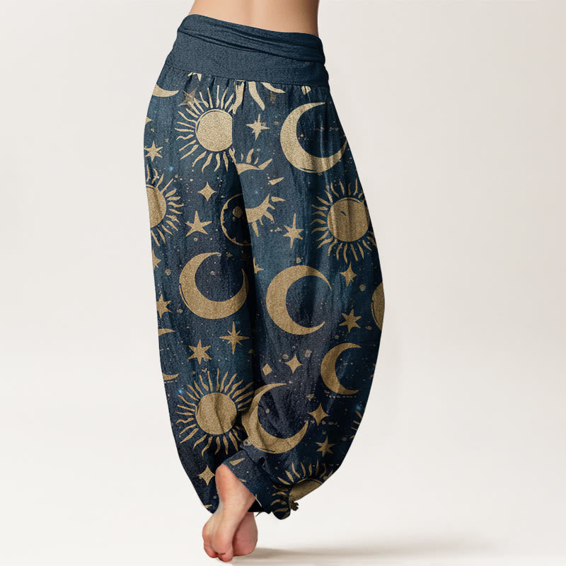 Pure Cotton Crescent Moon Sun Stars Pattern Design Women's Elastic Waist Harem Pants