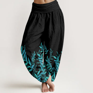 Pure Cotton Casual Leaves Pattern Women's Elastic Waist Harem Pants