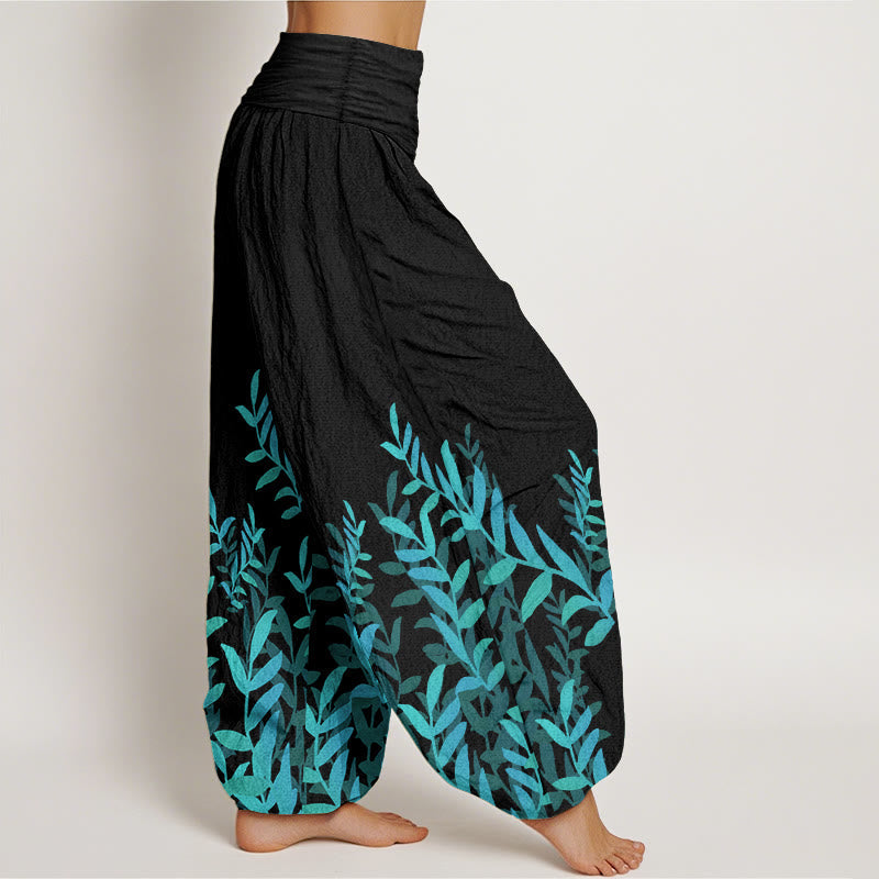 Pure Cotton Casual Leaves Pattern Women's Elastic Waist Harem Pants
