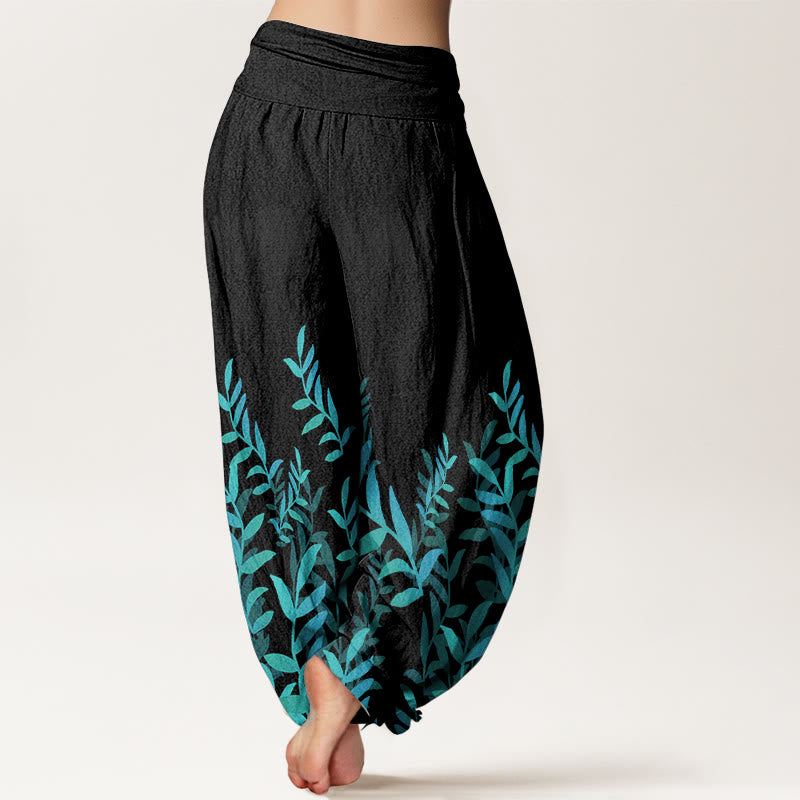 Pure Cotton Casual Leaves Pattern Women's Elastic Waist Harem Pants