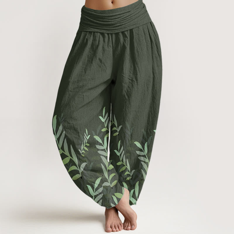 Pure Cotton Casual Leaves Pattern Women's Elastic Waist Harem Pants