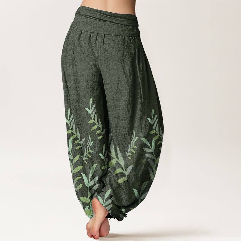 Pure Cotton Casual Leaves Pattern Women's Elastic Waist Harem Pants
