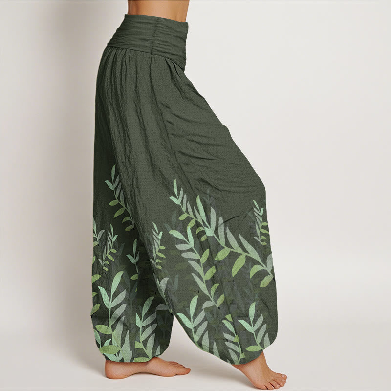Pure Cotton Casual Leaves Pattern Women's Elastic Waist Harem Pants