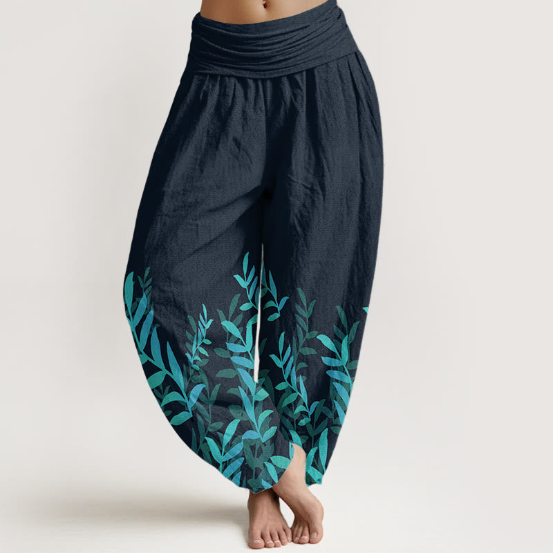 Pure Cotton Casual Leaves Pattern Women's Elastic Waist Harem Pants