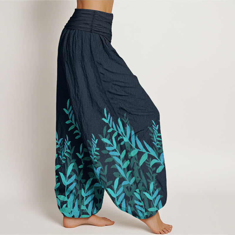 Pure Cotton Casual Leaves Pattern Women's Elastic Waist Harem Pants