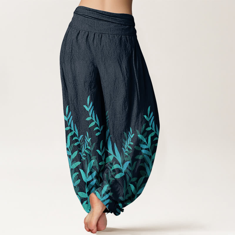 Pure Cotton Casual Leaves Pattern Women's Elastic Waist Harem Pants
