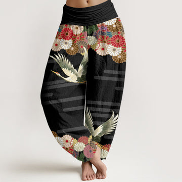 Breathable Cotton Crane Print Mindful Movement Harem Pants