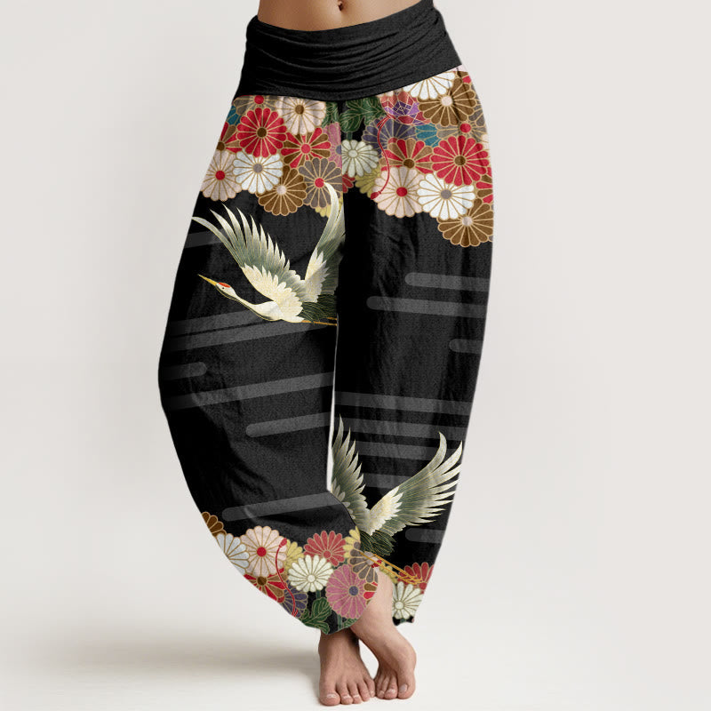 Breathable Cotton Crane Print Mindful Movement Harem Pants