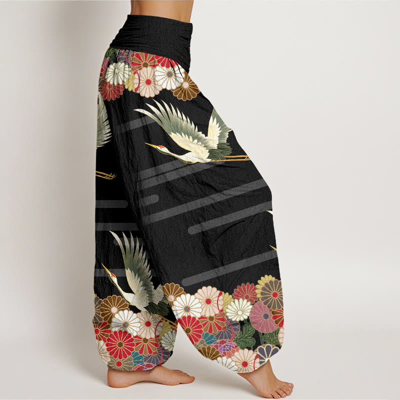 Breathable Cotton Crane Print Mindful Movement Harem Pants