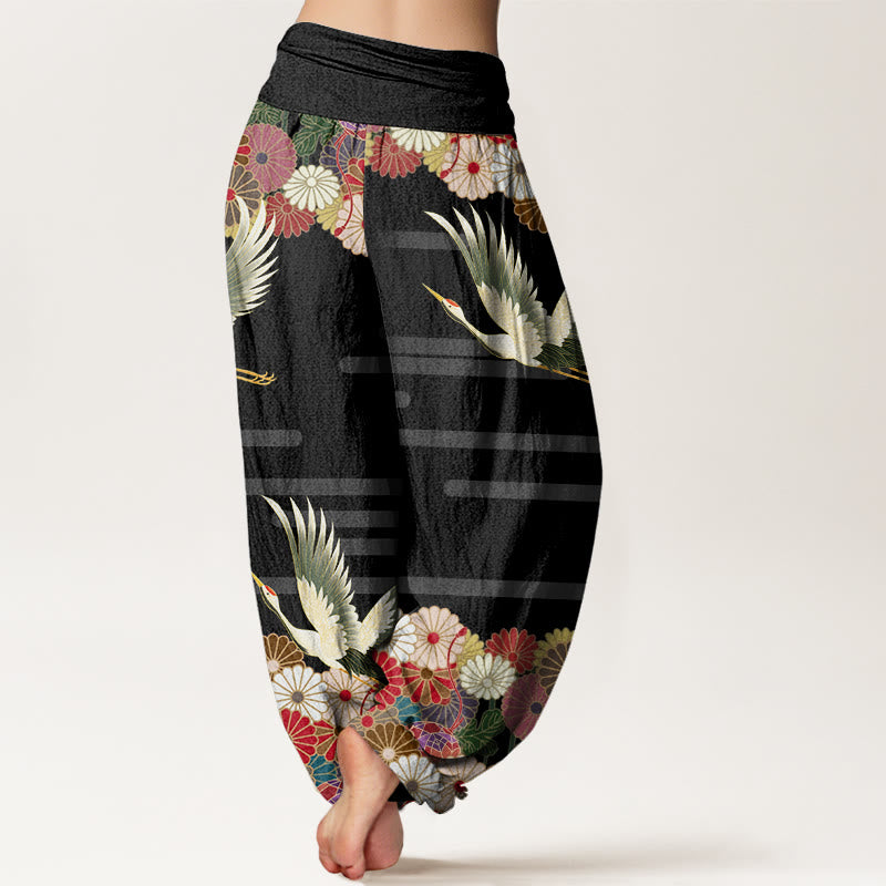 Breathable Cotton Crane Print Mindful Movement Harem Pants
