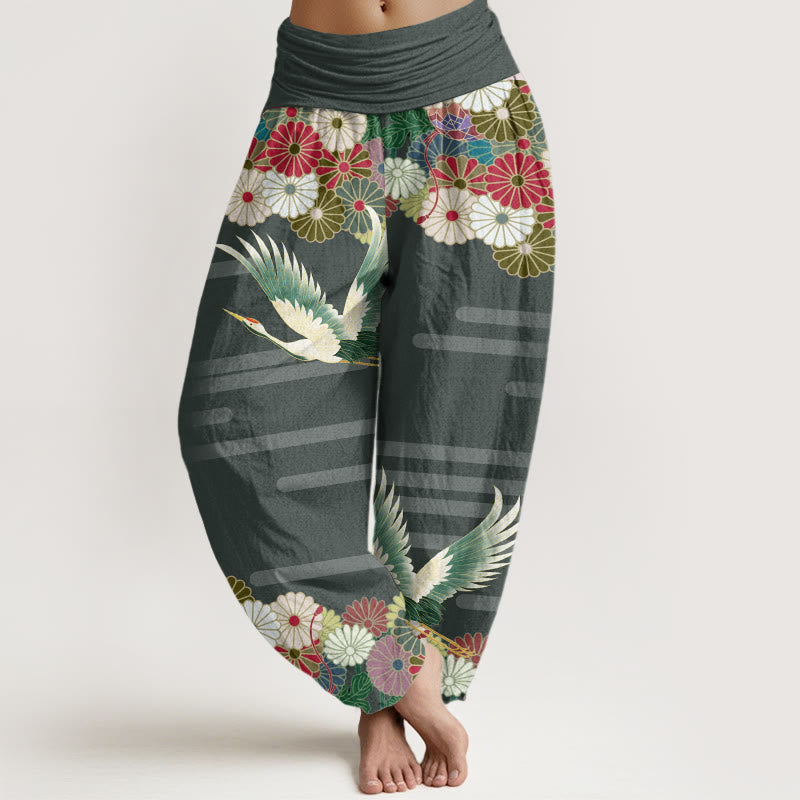 Breathable Cotton Crane Print Mindful Movement Harem Pants
