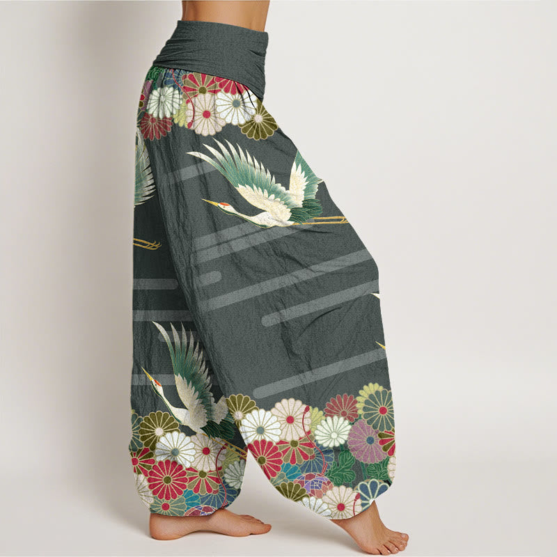Breathable Cotton Crane Print Mindful Movement Harem Pants