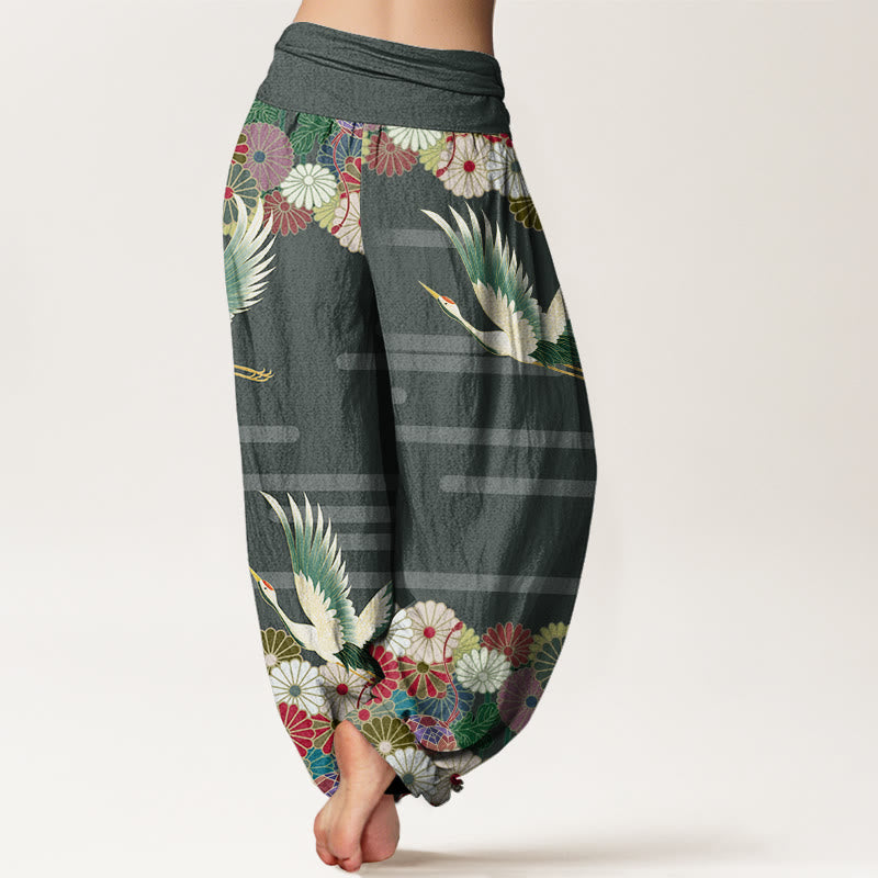 Breathable Cotton Crane Print Mindful Movement Harem Pants