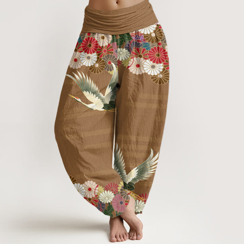 Breathable Cotton Crane Print Mindful Movement Harem Pants