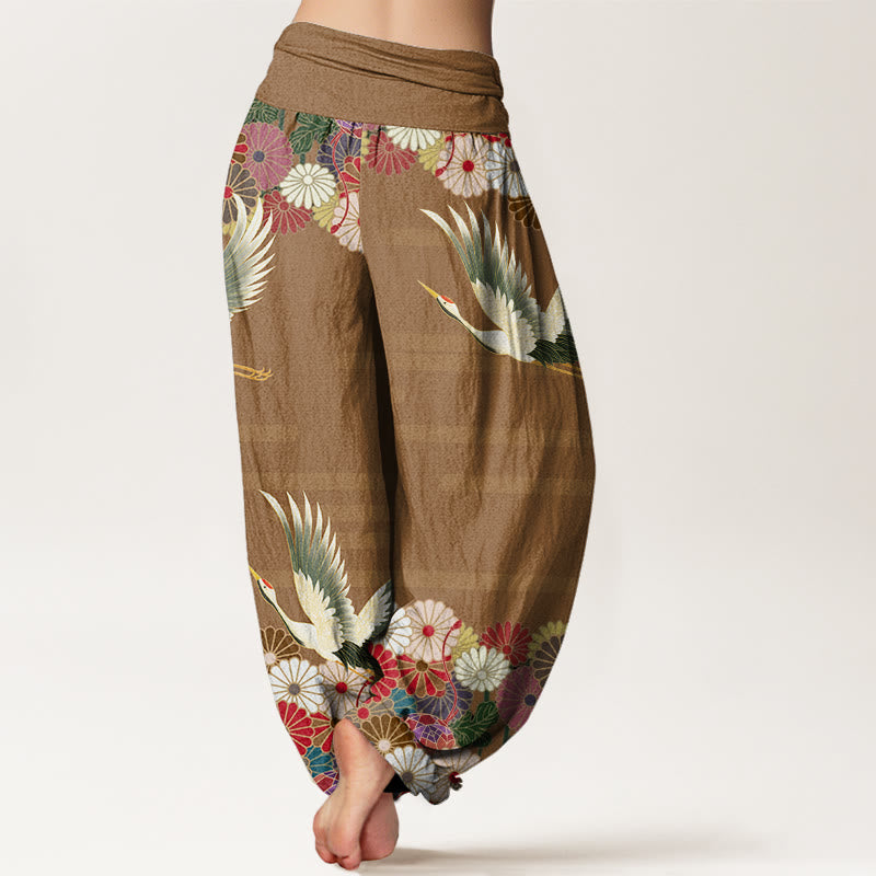 Breathable Cotton Crane Print Mindful Movement Harem Pants