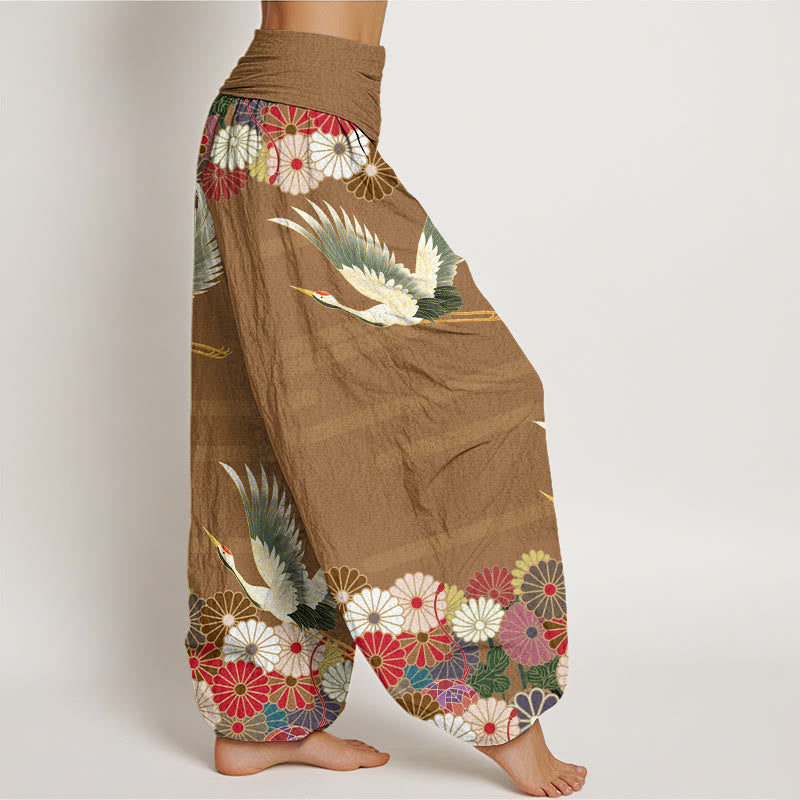 Breathable Cotton Crane Print Mindful Movement Harem Pants