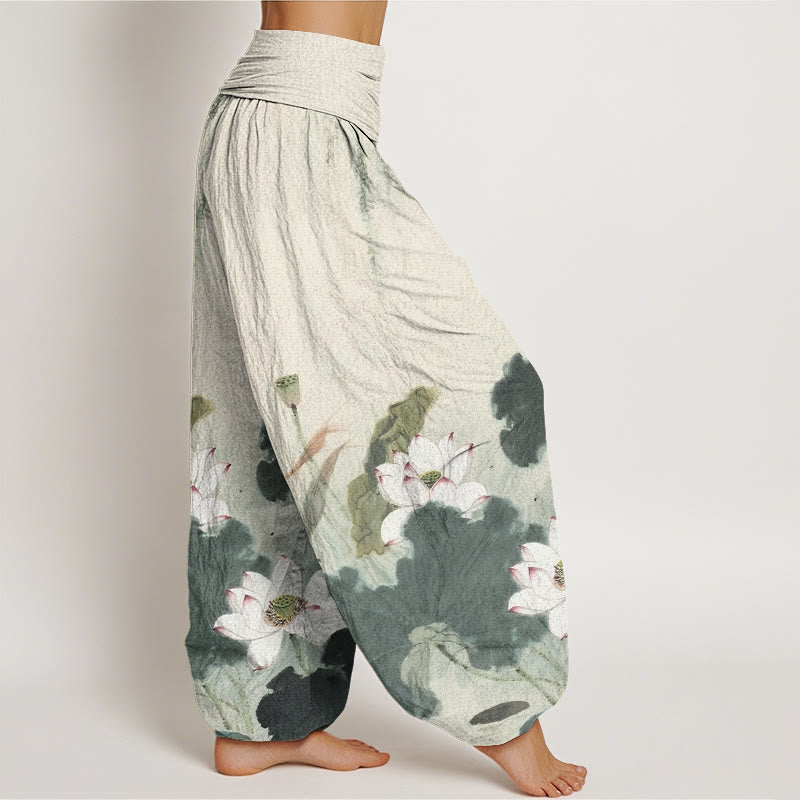 Breathable Cotton Harem Pants with Symbolic Lotus Motif for Meditation