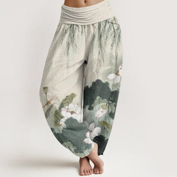 Breathable Cotton Harem Pants with Symbolic Lotus Motif for Meditation