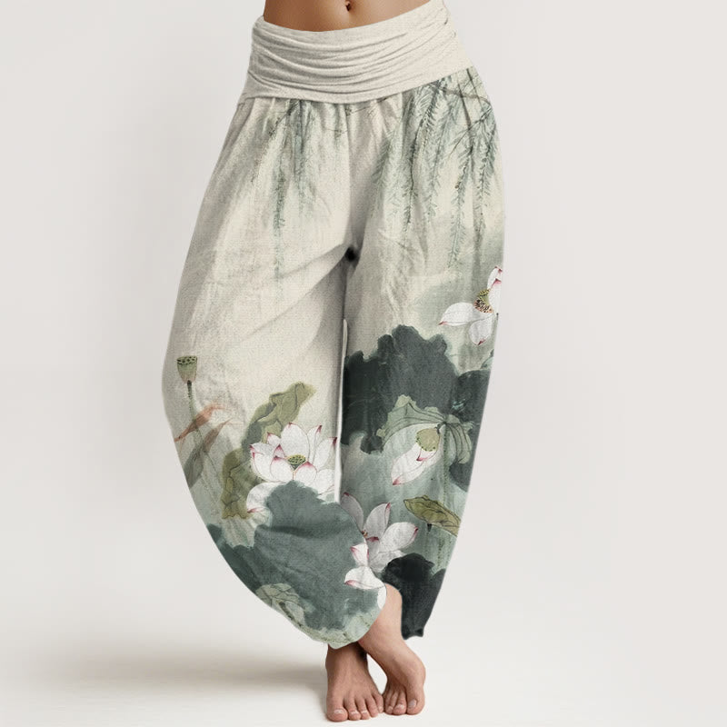Breathable Cotton Harem Pants with Symbolic Lotus Motif for Meditation