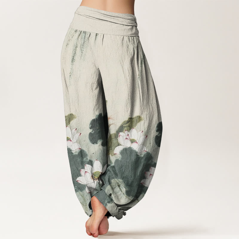 Breathable Cotton Harem Pants with Symbolic Lotus Motif for Meditation