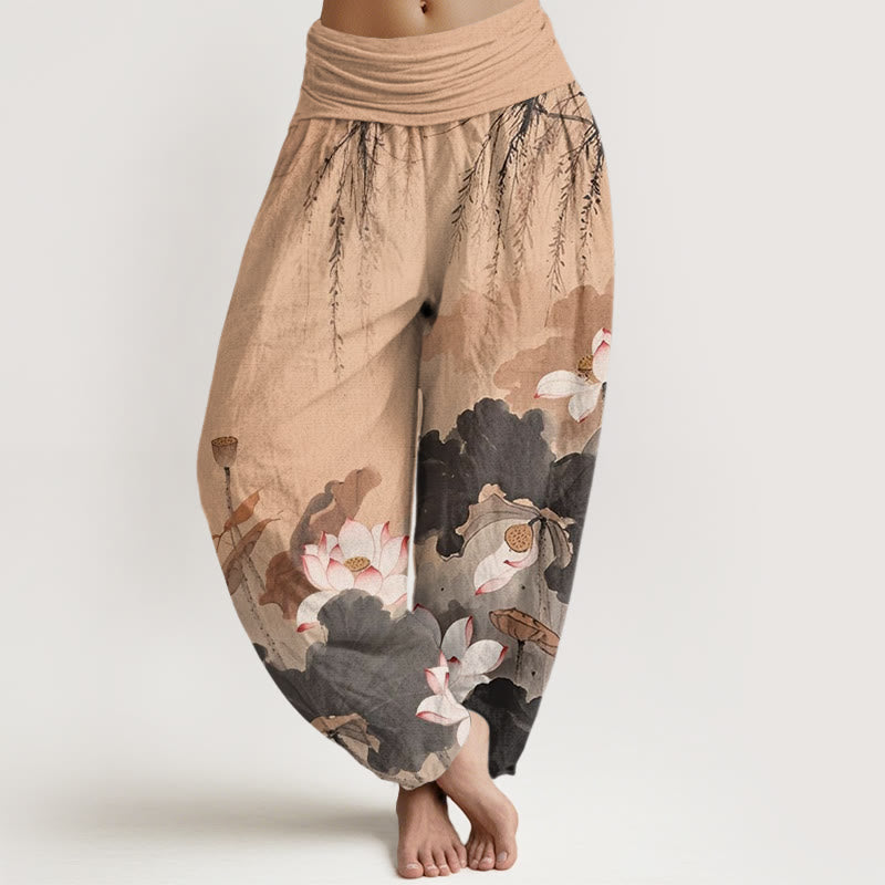 Breathable Cotton Harem Pants with Symbolic Lotus Motif for Meditation