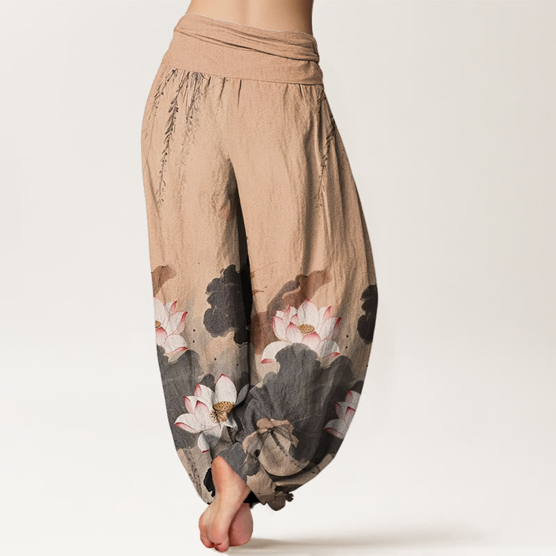 Breathable Cotton Harem Pants with Symbolic Lotus Motif for Meditation
