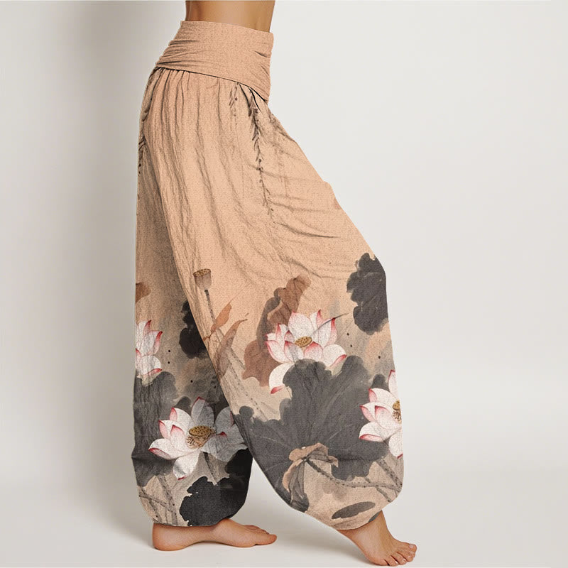 Breathable Cotton Harem Pants with Symbolic Lotus Motif for Meditation