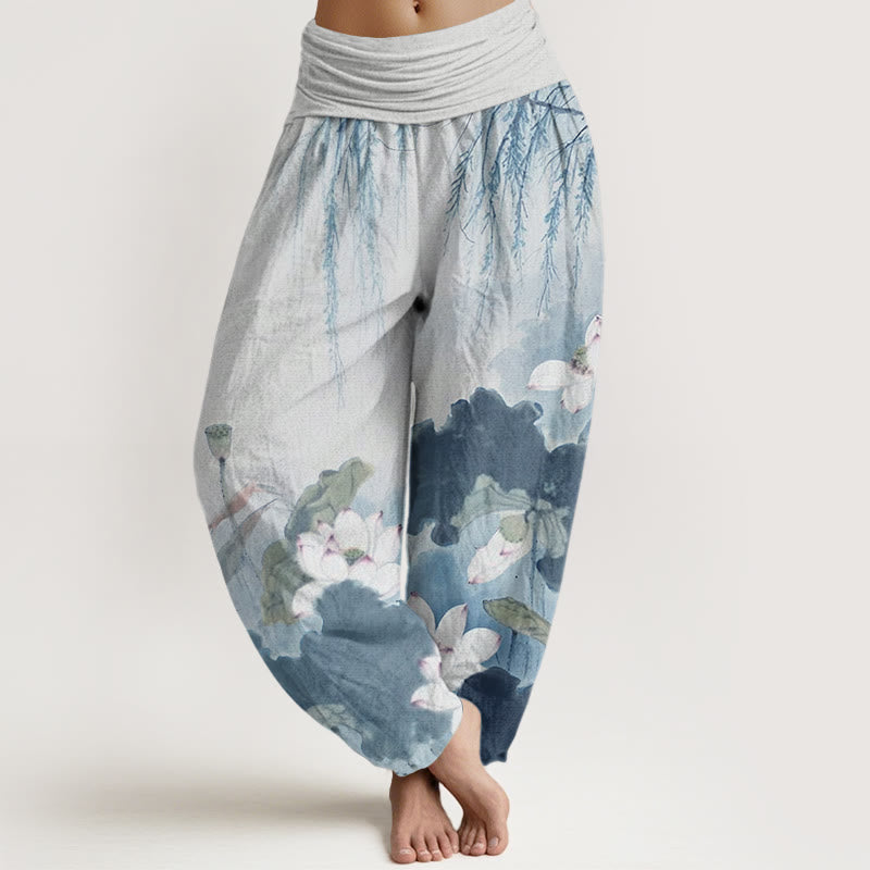 Breathable Cotton Harem Pants with Symbolic Lotus Motif for Meditation