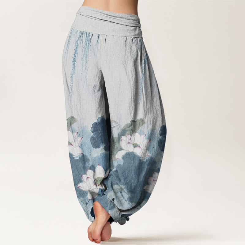 Breathable Cotton Harem Pants with Symbolic Lotus Motif for Meditation