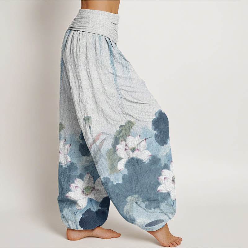 Breathable Cotton Harem Pants with Symbolic Lotus Motif for Meditation