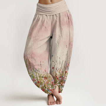 Pure Cotton Casual Colorful Wildflower Field Pattern Women's Elastic Waist Harem Pants