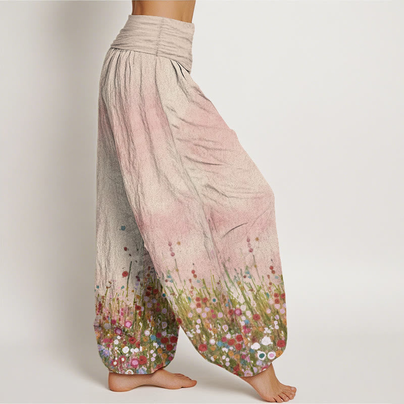 Pure Cotton Casual Colorful Wildflower Field Pattern Women's Elastic Waist Harem Pants