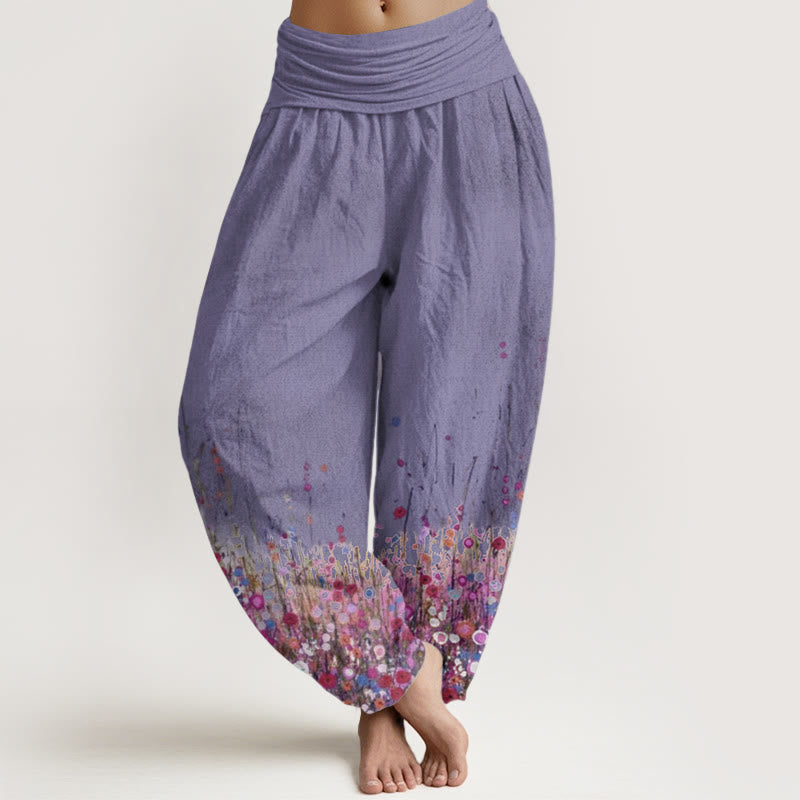 Pure Cotton Casual Colorful Wildflower Field Pattern Women's Elastic Waist Harem Pants