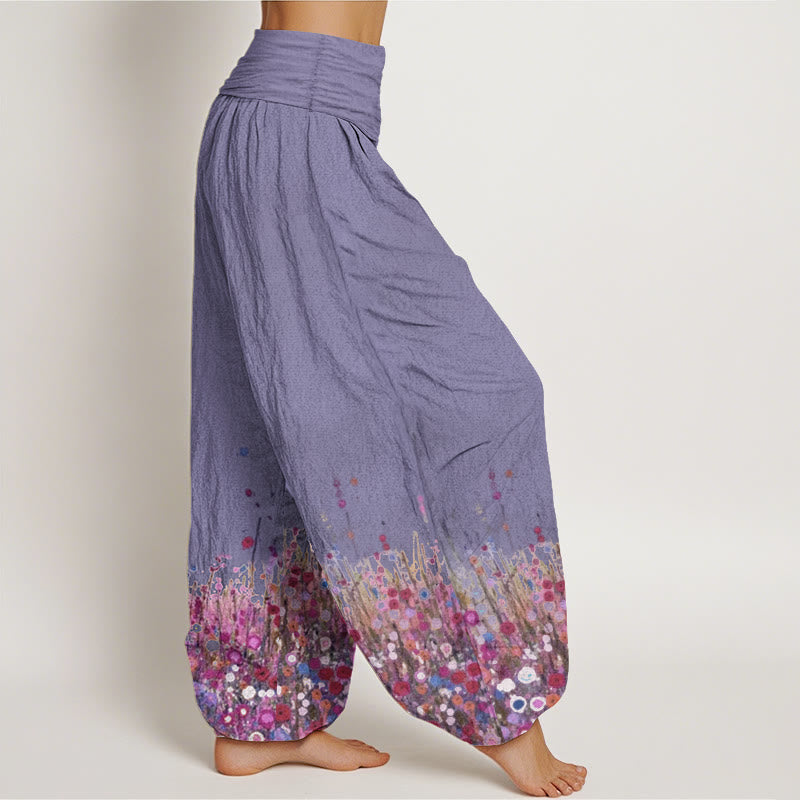 Pure Cotton Casual Colorful Wildflower Field Pattern Women's Elastic Waist Harem Pants