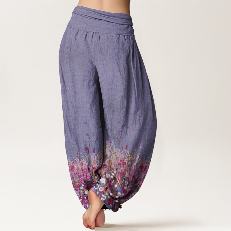 Pure Cotton Casual Colorful Wildflower Field Pattern Women's Elastic Waist Harem Pants