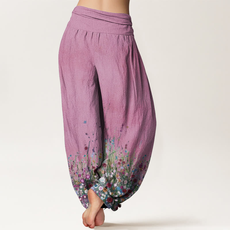 Pure Cotton Casual Colorful Wildflower Field Pattern Women's Elastic Waist Harem Pants
