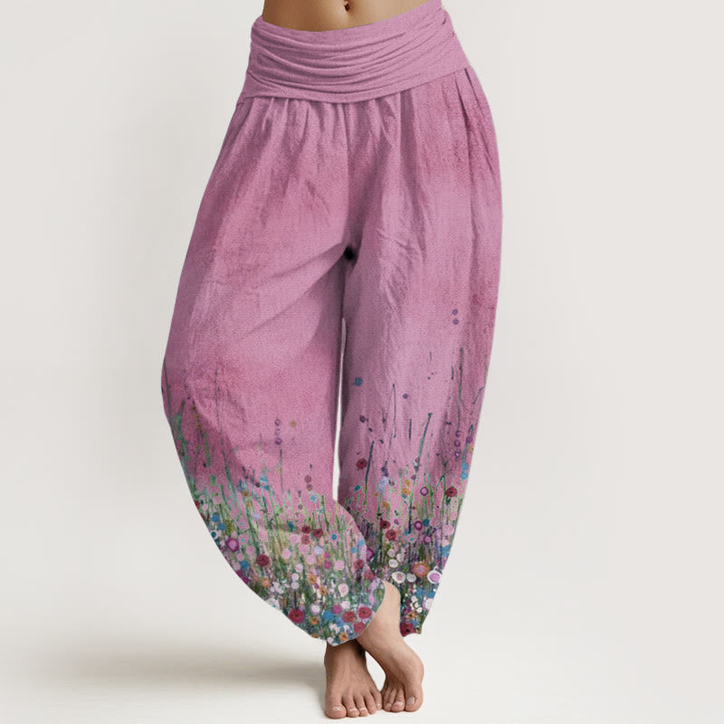 Pure Cotton Casual Colorful Wildflower Field Pattern Women's Elastic Waist Harem Pants