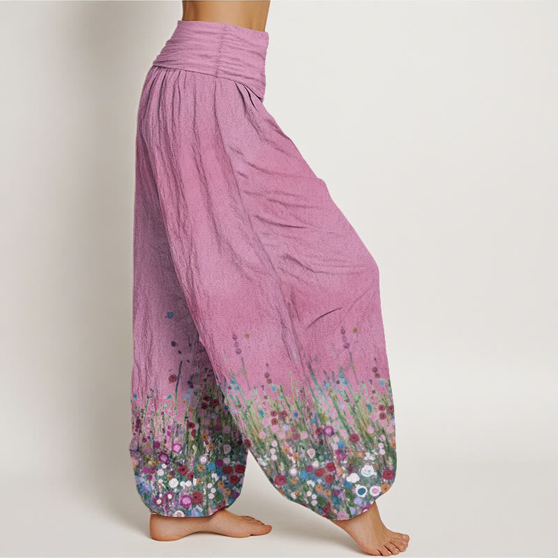Pure Cotton Casual Colorful Wildflower Field Pattern Women's Elastic Waist Harem Pants