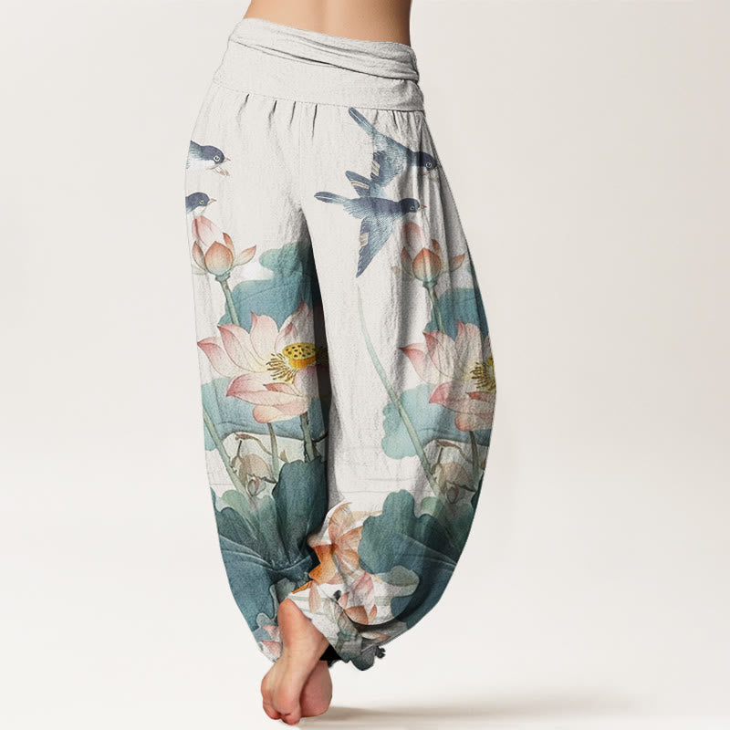 Lotus Print Cotton Harem Pants with Modal Waistband for Mindful Movement