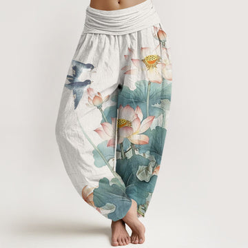 Lotus Print Cotton Harem Pants with Modal Waistband for Mindful Movement