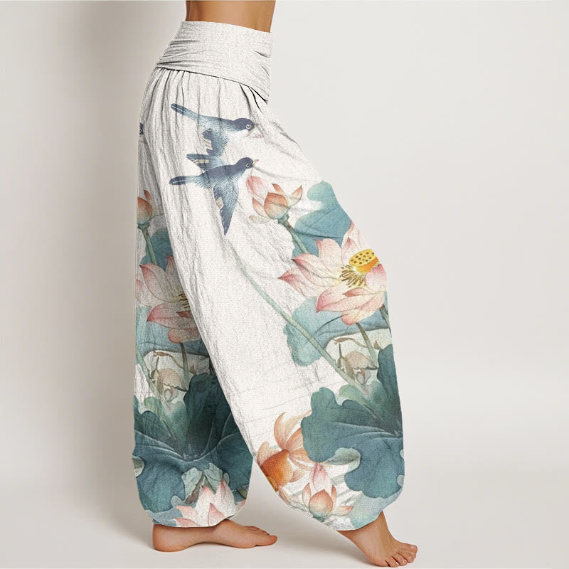 Lotus Print Cotton Harem Pants with Modal Waistband for Mindful Movement