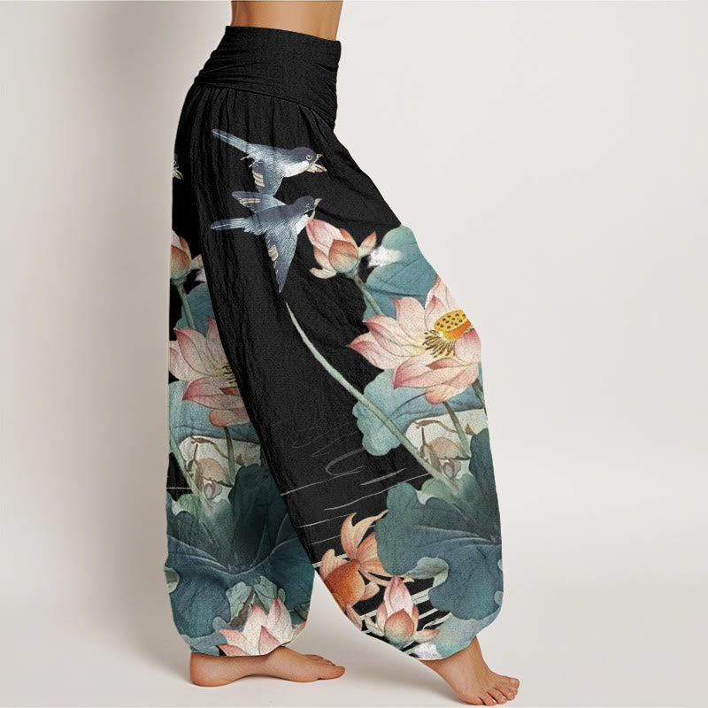 Lotus Print Cotton Harem Pants with Modal Waistband for Mindful Movement