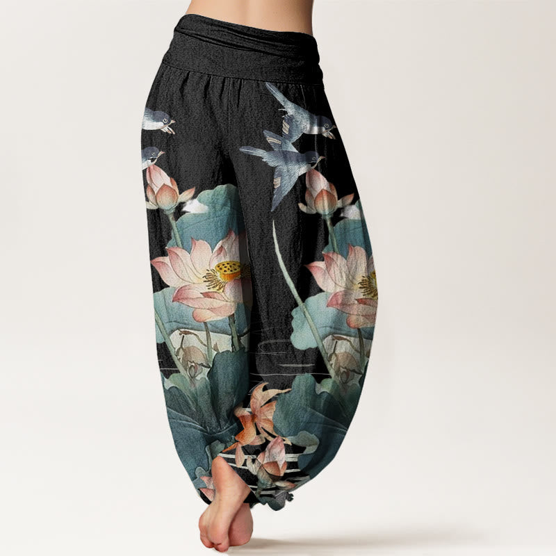 Lotus Print Cotton Harem Pants with Modal Waistband for Mindful Movement