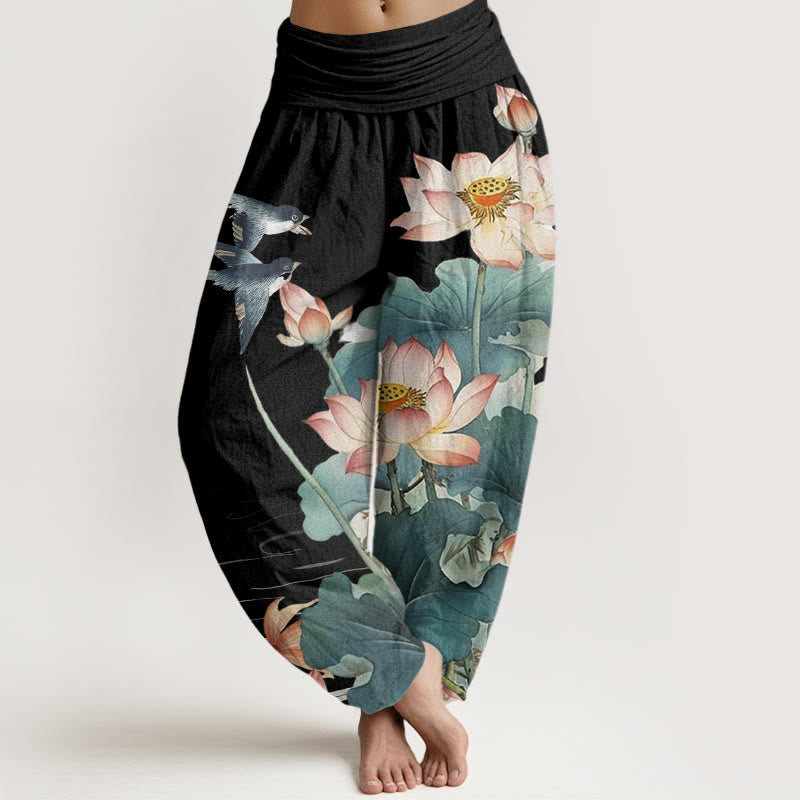Lotus Print Cotton Harem Pants with Modal Waistband for Mindful Movement