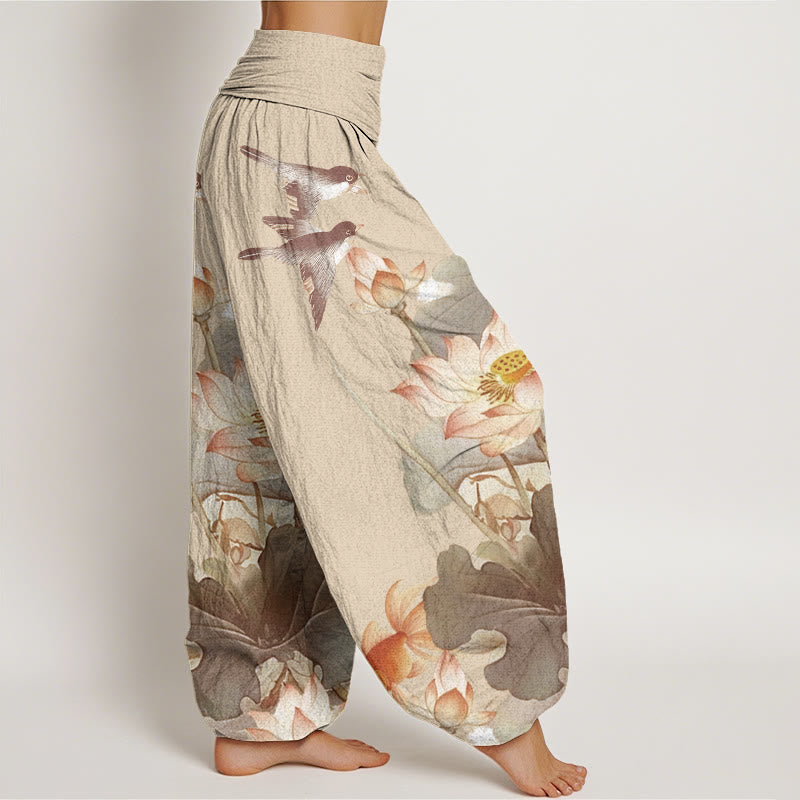 Lotus Print Cotton Harem Pants with Modal Waistband for Mindful Movement