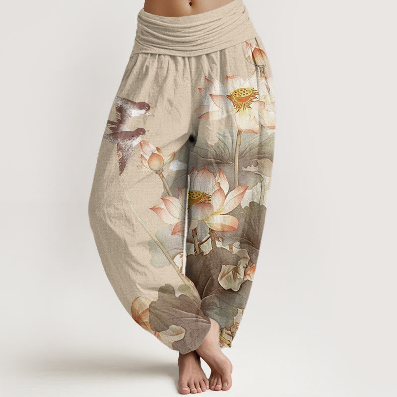 Lotus Print Cotton Harem Pants with Modal Waistband for Mindful Movement