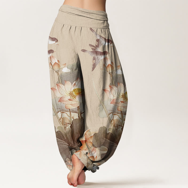 Lotus Print Cotton Harem Pants with Modal Waistband for Mindful Movement